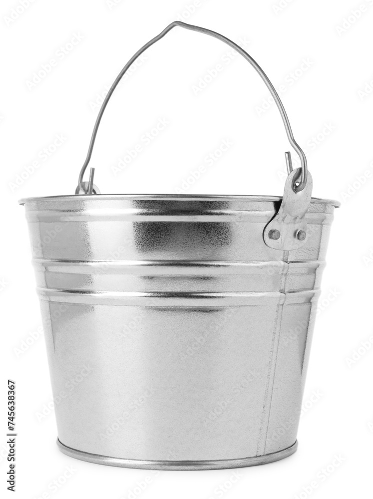 One shiny metal bucket isolated on white One shiny metal bucket isolated on white