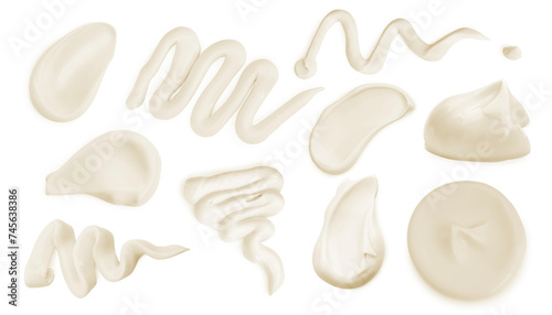 Tasty mayonnaise sauce isolated on white, set
