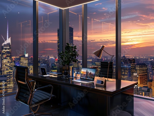 As twilight descends, a contemporary office space showcases high-tech equipment and offers sweeping views of a vibrant city skyline, creating a dynamic and inspiring environment for productivity and i © Lucky_jl