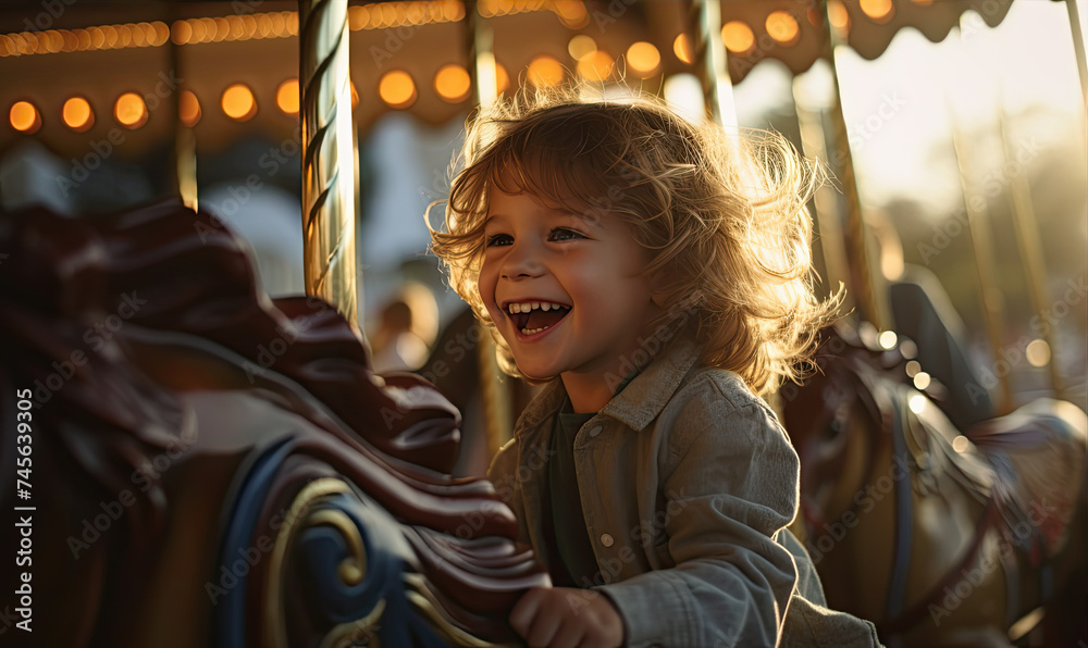 Happy smiling kid is enjoying ride a horse on carousel. Happy smiling kid is enjoying ride a horse on carousel.