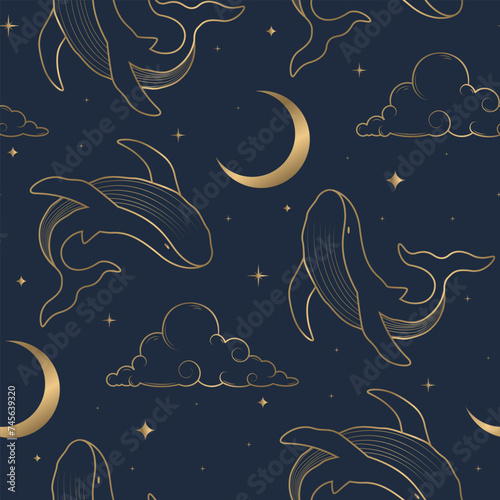seamless pattern with golden outline whale and clouds on deep blue starry sky