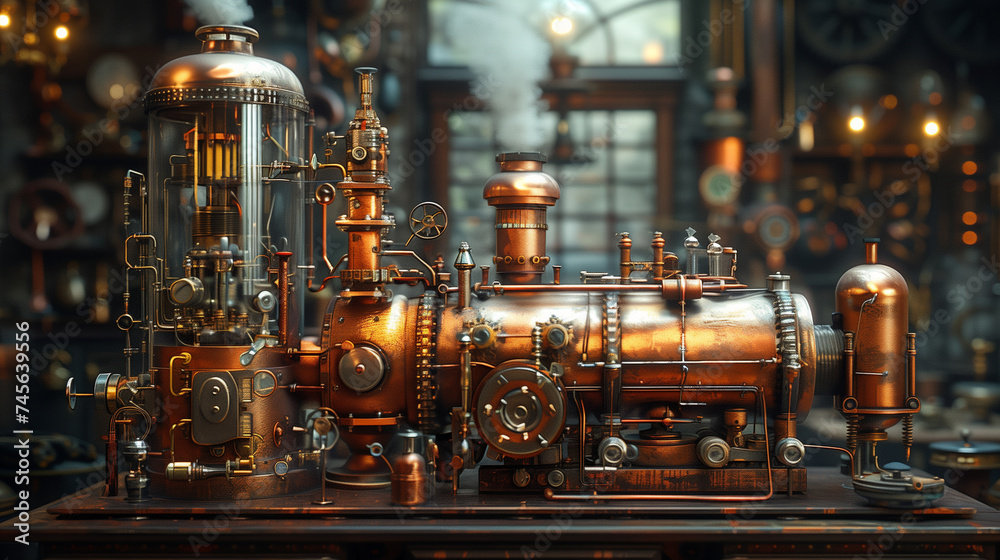 A complex steampunk apparatus, featuring brass components with gears, dials, and pipes, exuding Victorian era industrial charm.