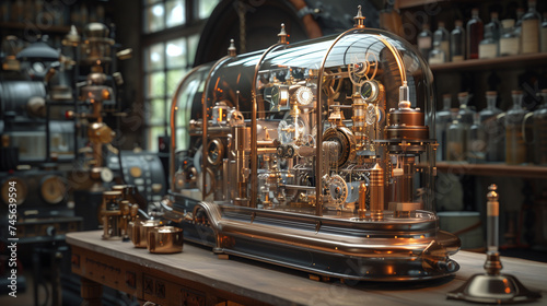 A complex steampunk apparatus, featuring brass components with gears, dials, and pipes, exuding Victorian era industrial charm. © feeling lucky