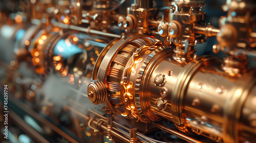 A complex steampunk apparatus, featuring brass components with gears, dials, and pipes, exuding Victorian era industrial charm.