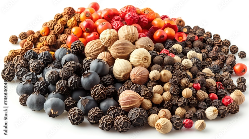 An array of peppercorns in diverse hues and shapes, showcasing the variety and complexity of this essential spice. An array of peppercorns in diverse hues and shapes, showcasing the variety and complexity of this essential spice.