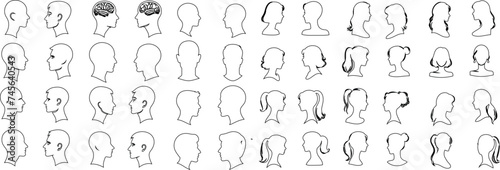 Cameo Silhouette collection, diverse profiles. Ideal for identity, character design visuals. Men, women showcasing various hairstyles, features. Variety in shapes, sizes of heads, hairstyles depicted
