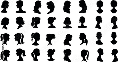 Cameo Silhouette collection, diverse profiles. Ideal for identity, character design visuals. Men, women showcasing various hairstyles, features. Variety in shapes, sizes of heads, hairstyles depicted
 photo