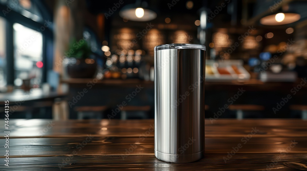 A stainless steel tumbler sits atop a wooden table, strategically positioned for promotional use, providing ample blank space for customization.
