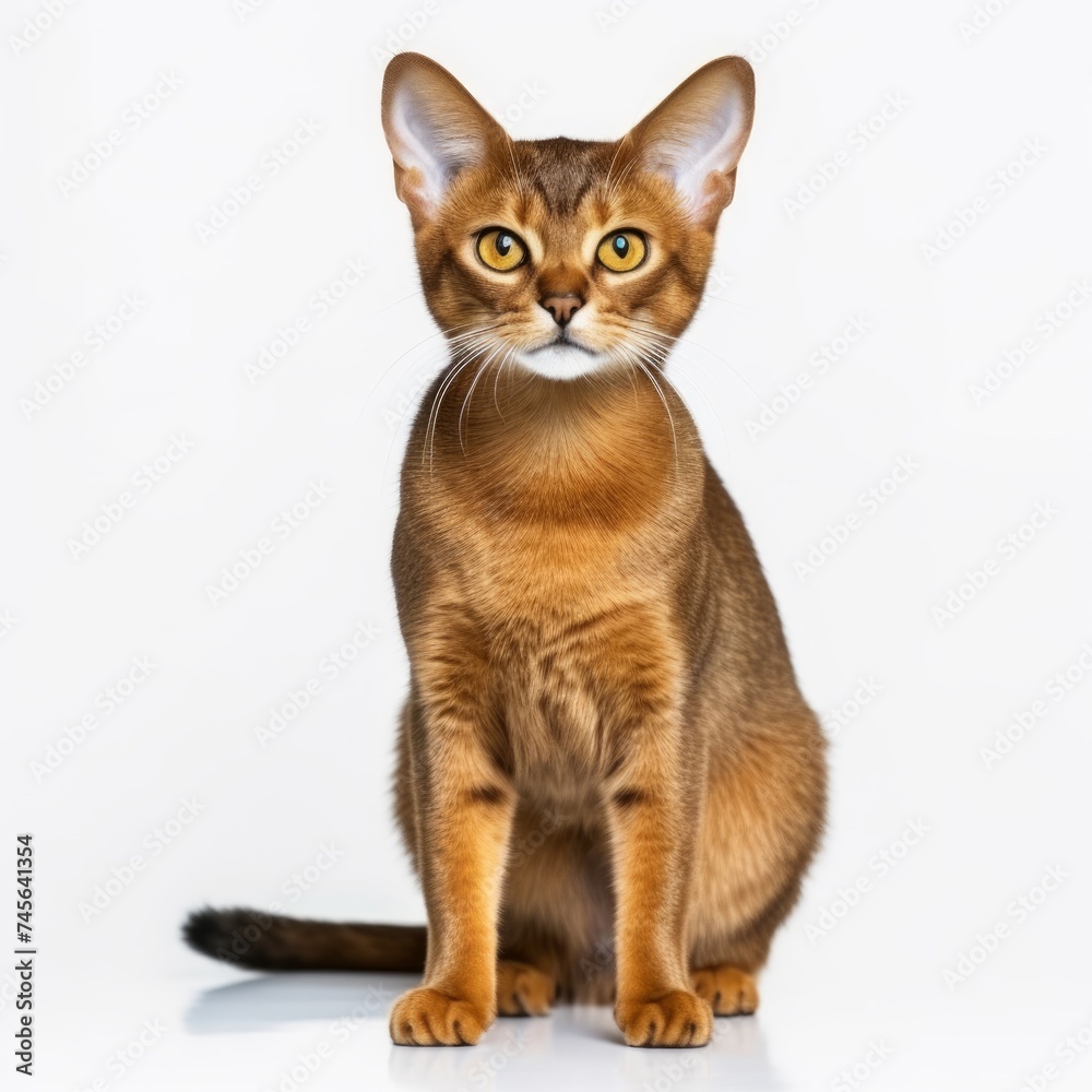 Realistic photo of a Abyssinian cat on a white background, ticked coat, curious expression, active and playful temperament Generative AI