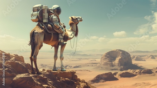 Astronaut Riding Camel in Sci-Fi Desert Landscape photo