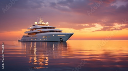 Realistic photo of a high-end yacht anchored at dusk, affluent vacationers savoring the sunset, lavish amenities on board, serene and upscale atmosphere Generative AI