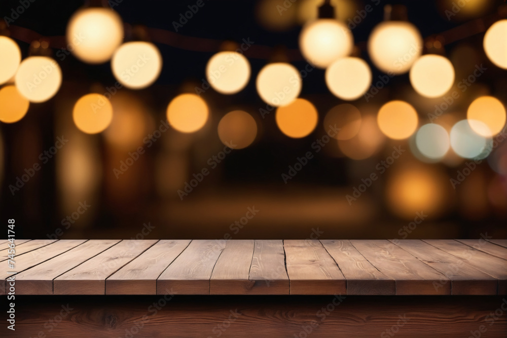 Empty wooden table with blurred lights in the background, with copy space - Product showing Empty wooden table with blurred lights in the background, with copy space - Product showing
