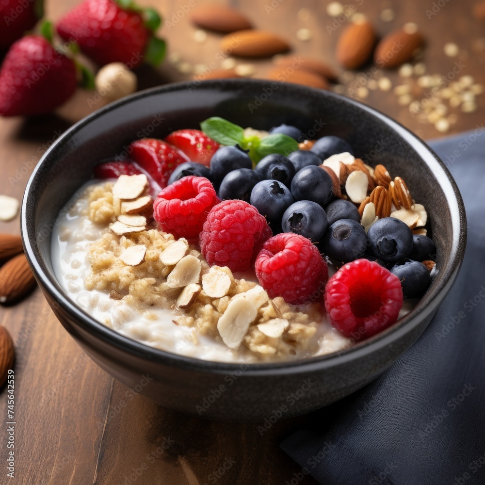 Stock image of a bowl of oatmeal topped with nuts, seeds, and berries, a healthy and wholesome breakfas Generative AI Stock image of a bowl of oatmeal topped with nuts, seeds, and berries, a healthy and wholesome breakfas Generative AI