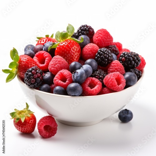 Stock image of a bowl of fresh mixed berries on a white background  antioxidant-rich and healthy snack Generative AI