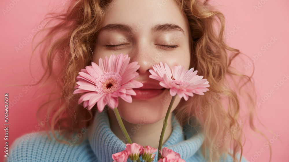 young woman with curly hair and closed eyes, holding and smelling pink gerbera flowers against a soft pink background.