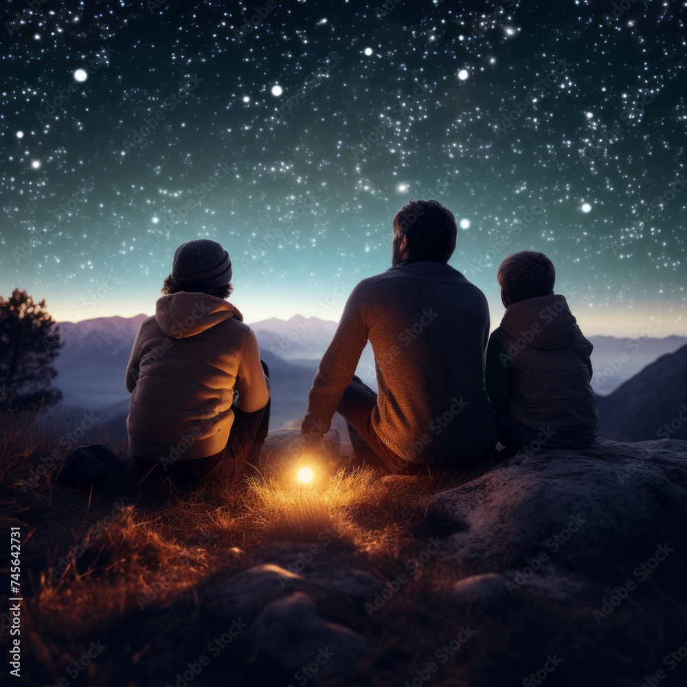 Stock image of a family stargazing together at night, wonder and amazement Generative AI
