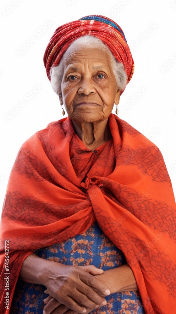 Stock image of a grandma in traditional clothing against a plain white background Generative AI