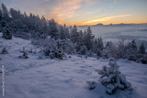 Beautiful winter scenery showing winter sunrise in the Pieniny mountains in Poland © Mike Mareen