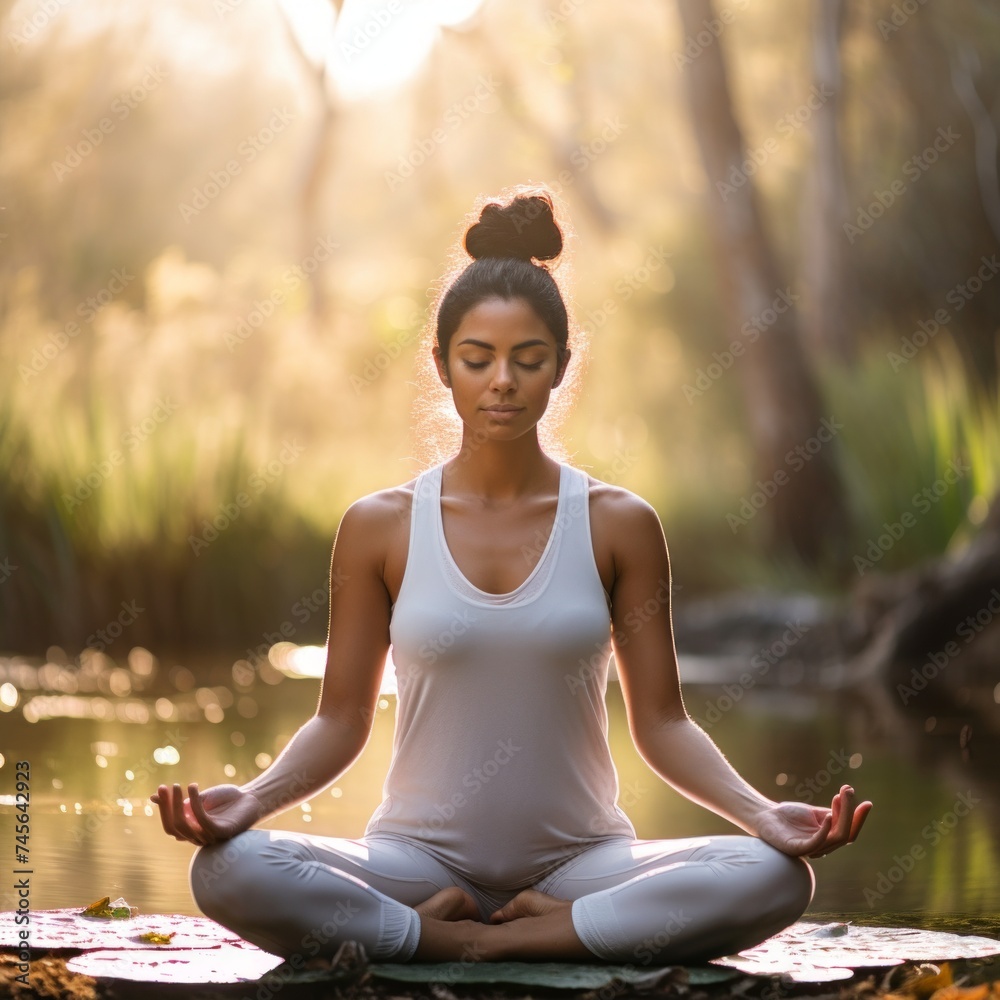 Stock image of a person practicing yoga in a peaceful outdoor setting, serene and meditative atmosphere Generative AI