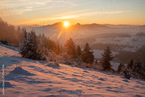 Beautiful winter scenery showing winter sunrise in the Pieniny mountains in Poland