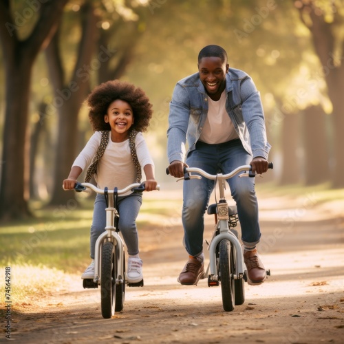 Stock image of a parents teaching their child to ride a bike, proud and supportive Generative AI