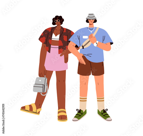 Modern young couple in summer apparel. Man and woman, wearing fashion outfit. Guy and girl standing in stylish casual clothes in trendy style. Flat vector illustration isolated on white background