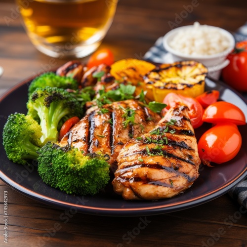 Stock image of a plate of grilled chicken with a side of steamed vegetables, a balanced and healthy meal Generative AI