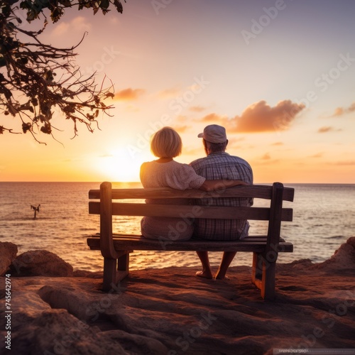 Stock image of a senior couple enjoying a sunset together, peaceful and romantic Generative AI