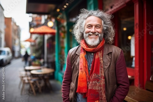 Portrait of a smiling senior man standing in a cafe in Paris