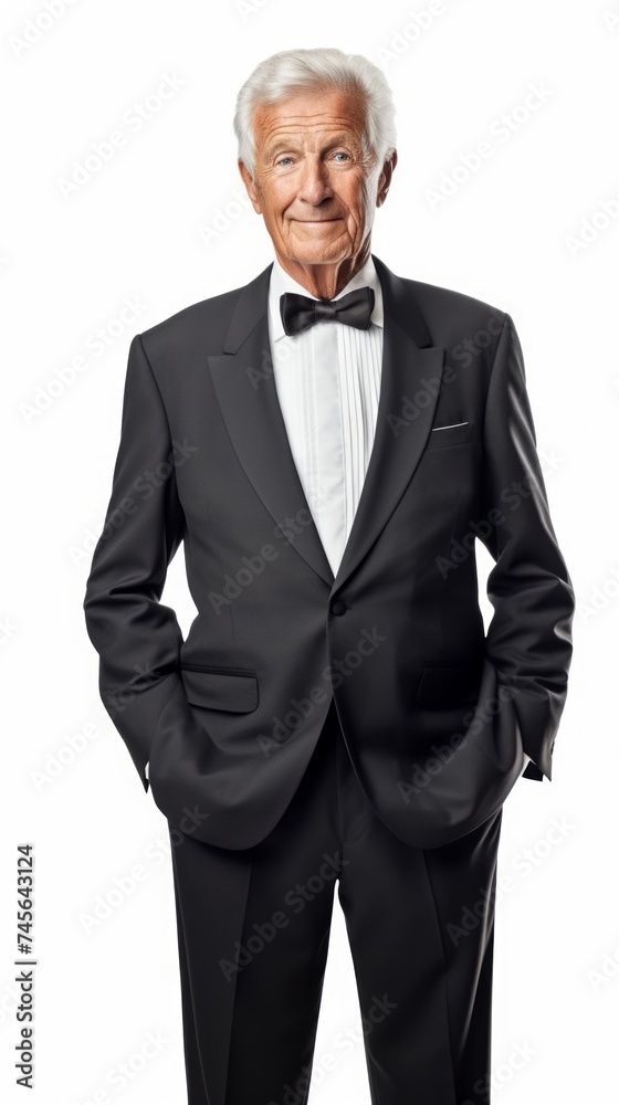 Stock image of an elderly man in a formal outfit on a white backdrop Generative AI Stock image of an elderly man in a formal outfit on a white backdrop Generative AI