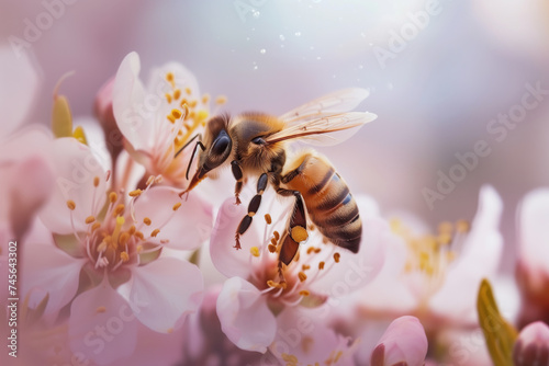 Close-up of a bee pollinating light pink flowers © Wei Ze
