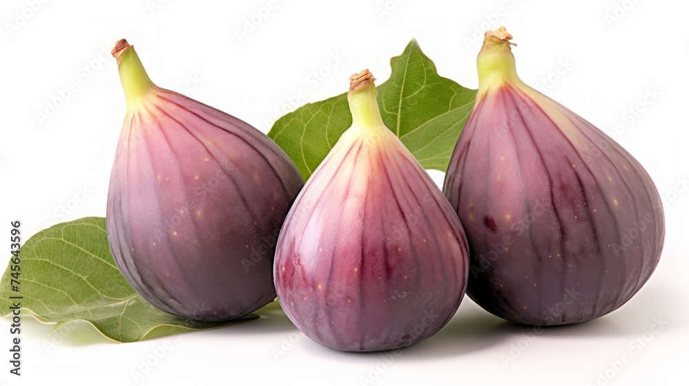 Obraz premium Three ripe figs captured in a close-up realistic photo against a white background Generative AI