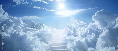 Journey to the Divine - Ascending Stairway Leading Toward the Radiant Light in the Heavenly Sky. Made with Generative AI Technology