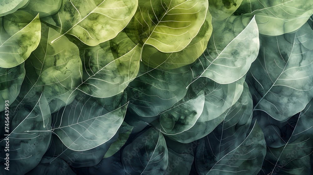 Fototapeta premium A vibrant array of leaves in an artistic style, using watercolor techniques and a light green and dark gray color palette, presented in ultra-high definition