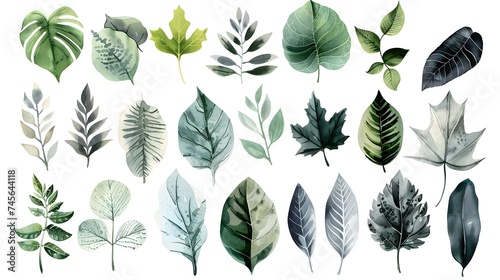 A vibrant array of leaves in an artistic style, using watercolor techniques and a light green and dark gray color palette, presented in ultra-high definition