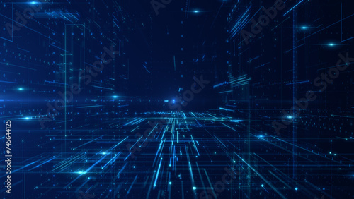 Vivid blue digital network with streaming data particles, symbolizing fast digital communication and information technology advancement. 3d rendering