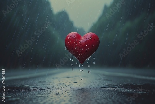 Red heart in the rain on the road. Heart broken concept photo