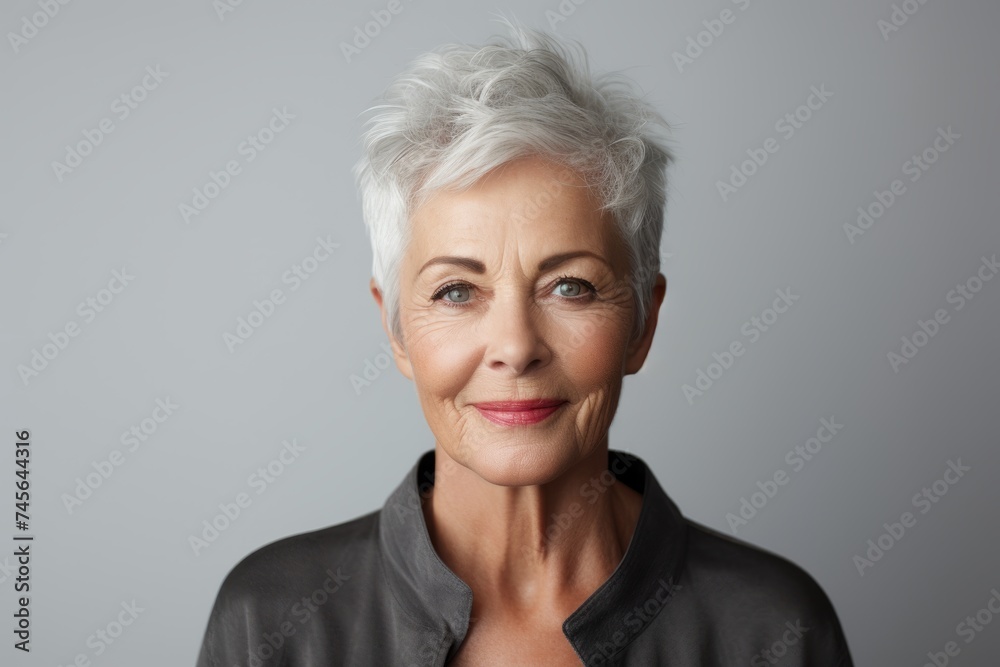 Portrait of a beautiful senior woman with grey hair, isolated on grey background Portrait of a beautiful senior woman with grey hair, isolated on grey background