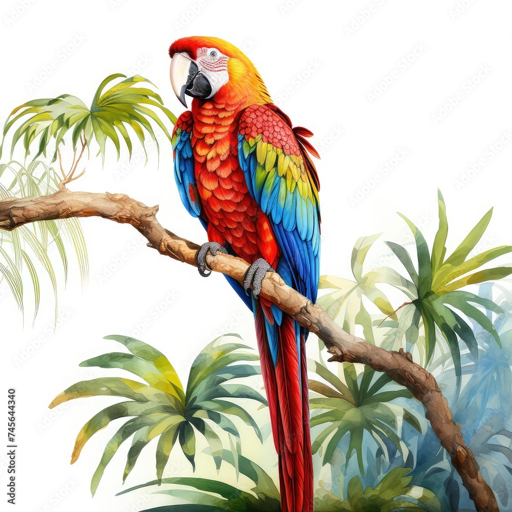 Obraz premium multi colored macaw perching on branch in tropical forest