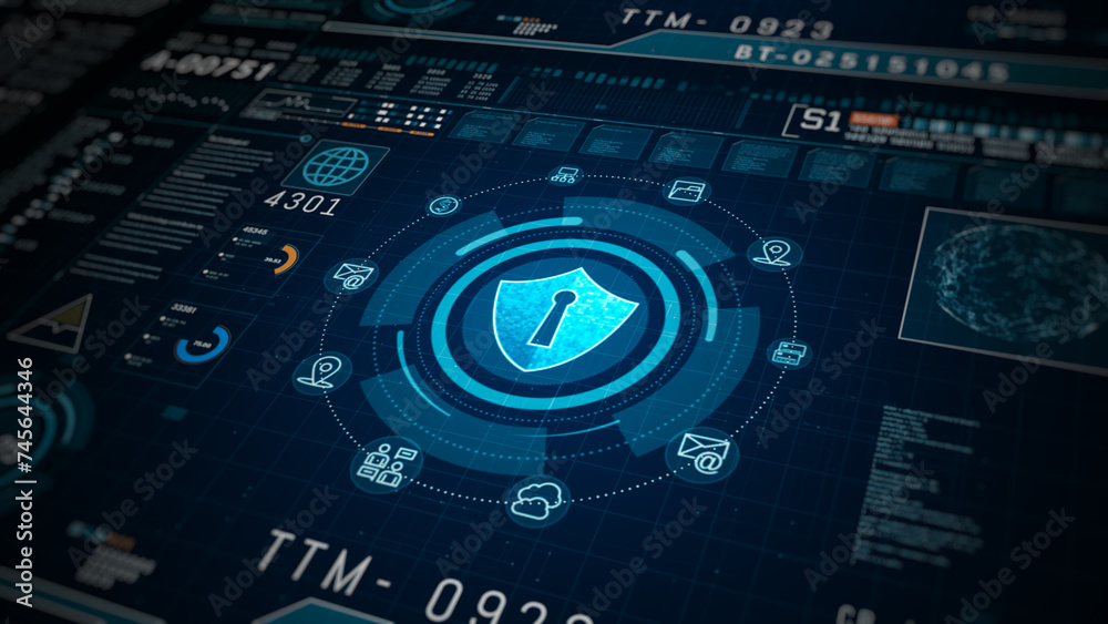 Data analytics, and network monitoring visuals, Advanced cybersecurity dashboard with encryption shield, highlighting digital security measures. 3d rendering Data analytics, and network monitoring visuals, Advanced cybersecurity dashboard with encryption shield, highlighting digital security measures. 3d rendering