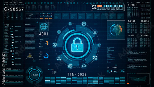 Futuristic interface showcasing a digital encryption lock, surrounded by data analytics and secure network protocols, for advanced cybersecurity strategies. 3d rendering photo