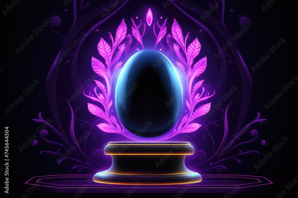 neon magical egg on podium dark background - obrazy, fototapety, plakaty 