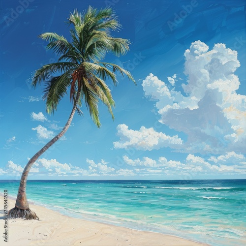 Tropical paradise, lone coconut tree on sandy beach, crystal clear waters