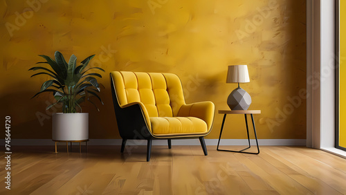 Living room interior with yellow fabric armchair, lamp, book and plants on empty yellow wall background