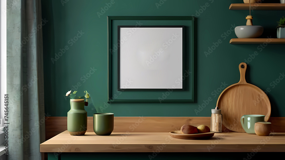 Mock up poster frame in kitchen interior on empty green color wall background. Mock up poster frame in kitchen interior on empty green color wall background.