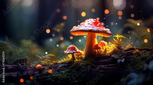 Enchanting scene of a mystical glowing mushroom in a magical forest with a wizardly background