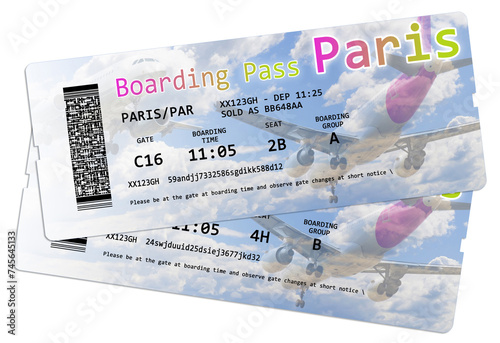Canvas Print Airline boarding pass tickets to Paris isolated on white- The contents of the im