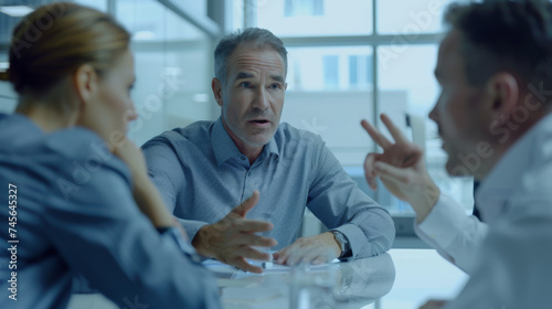 confident smiling man in a blue suit sitting at a conference table with other blurred colleagues in the background.