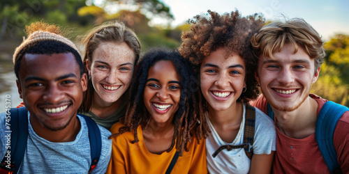 Diverse Youth Friendship and Happiness. A group of diverse young friends smiling together in nature. © AI Visual Vault