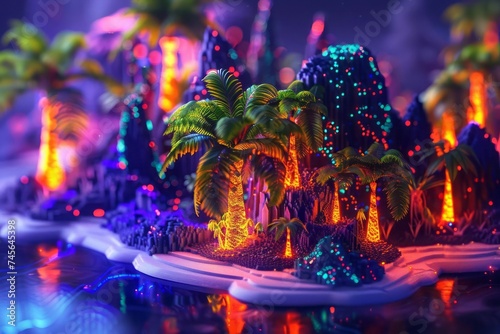 Diverse geographical terrains  featuring holographic representations of tropical forests  arctic landscapes  and desert dunes. The environment is bathed in neon lights.